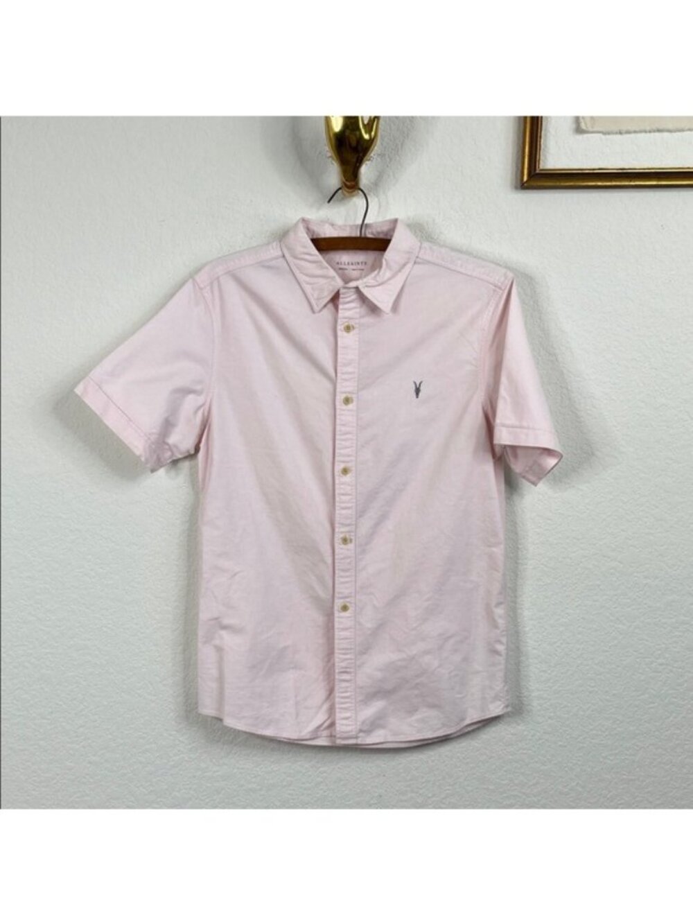 All Saints Huntingdon Light Pink Ram Skull Short Sleeve Button Down Shirt